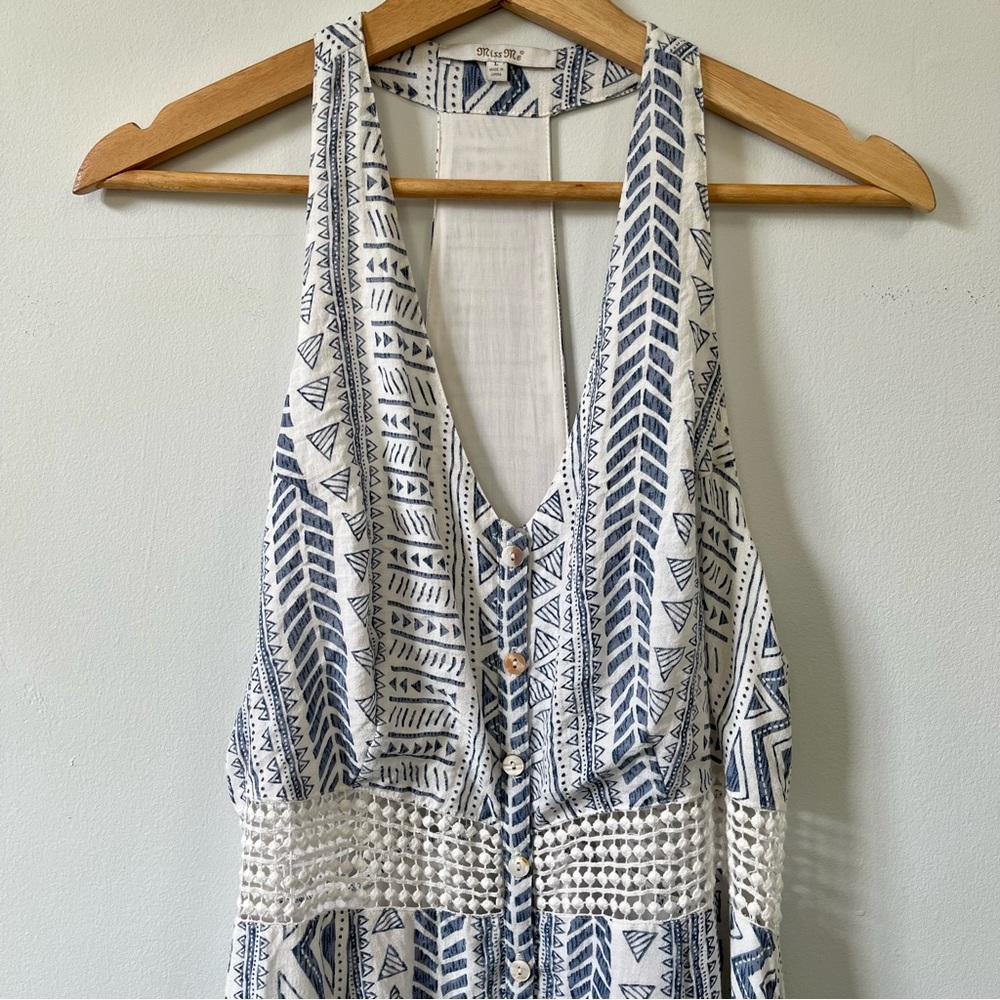 Miss Me Blue & White V-neck Sleeveless Crochet Waist Racerback Dress, Size L - Picture 2 of 11